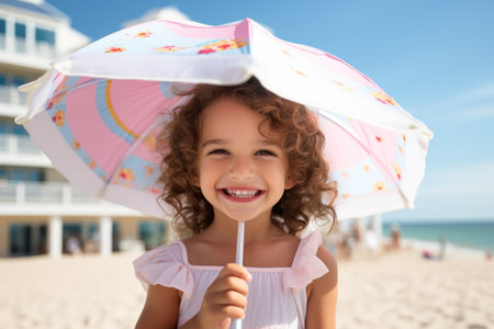 Portrait of cute little girl with umbrella on the beach in summerの素材