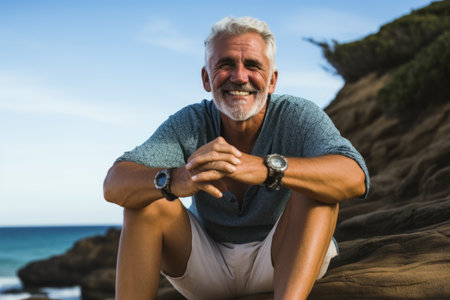 Portrait of smiling senior man sitting on rock at beach on a sunny dayの素材