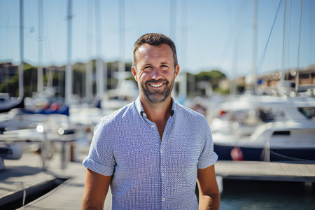 Portrait of a smiling man standing in front of yachtsの素材