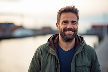 Portrait of a handsome young man smiling and looking at the cameraの素材