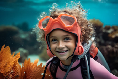 Portrait of cute little girl in coral reef with scuba maskの素材