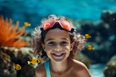 cute smiling little girl in swimming mask and goggles looking at camera underwaterの素材