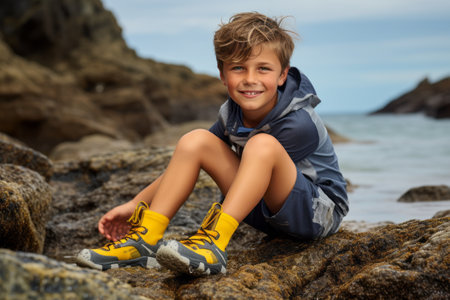 Little boy sitting on the rocks by the sea, wearing trekking bootsの素材