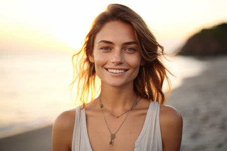 Portrait of beautiful young woman on beach at sunset. Space for textの素材