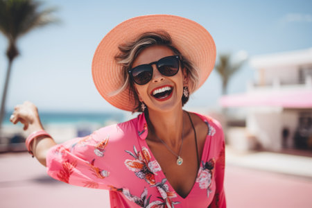 Happy young woman in sunglasses and straw hat dancing on the beach.の素材