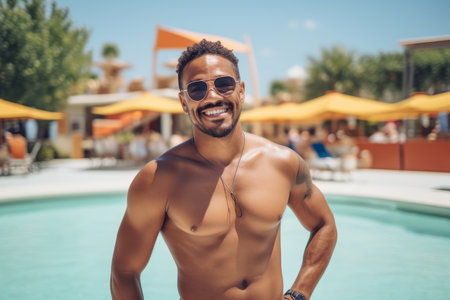 smiling african american man in sunglasses standing near swimming poolの素材