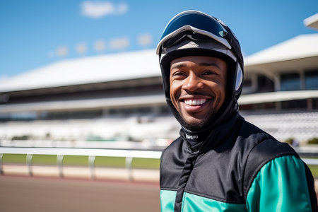 Portrait of happy man in helmet smiling at camera on race trackの素材