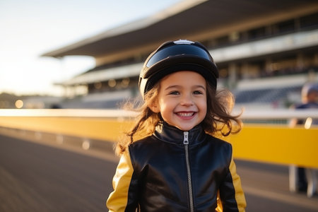 Portrait of a smiling little girl wearing helmet and leather jacket at the stadiumの素材