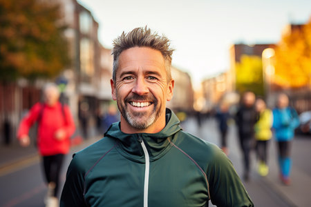 Handsome middle-aged man running in the city. Healthy lifestyle.の素材