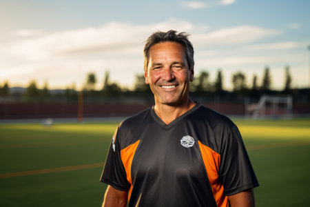 Portrait of happy senior man in sportswear standing on soccer fieldの素材