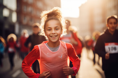 people, sport, friendship and healthy lifestyle concept - happy african american little girl running in cityの素材