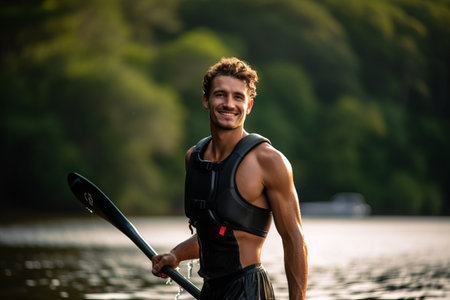 Portrait of a smiling young man standing with paddleboard on the riverの素材