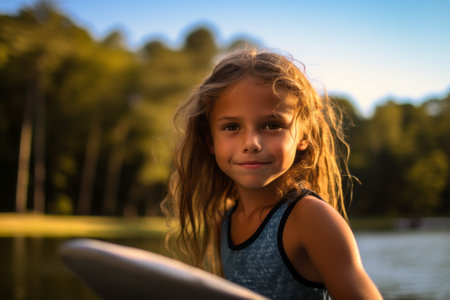Portrait of a cute little girl with her surfboard at sunset.の素材