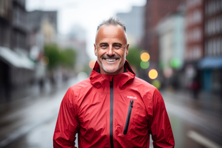 Portrait of handsome senior man in red jacket smiling in city streetの素材