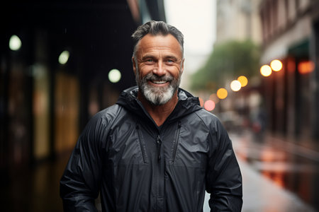 Portrait of a handsome mature man in a raincoat standing in a city street.の素材