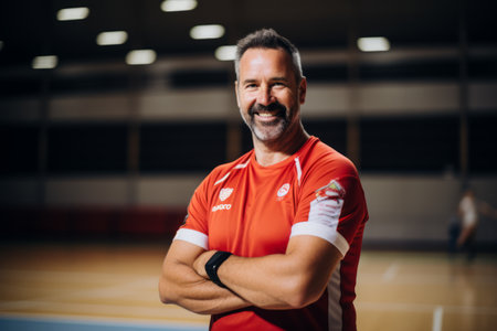 Portrait of smiling man standing with arms crossed in squash court.の素材