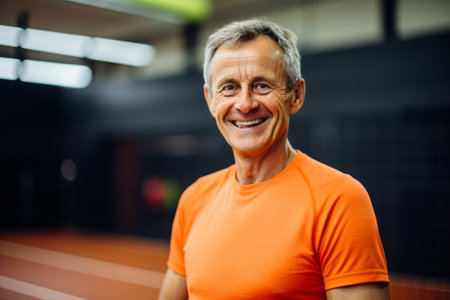 Portrait of senior man smiling at camera while standing in sports hallの素材