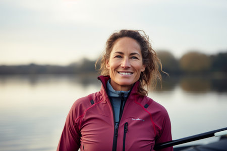 Portrait of a smiling woman rowing on a boat in a lakeの素材