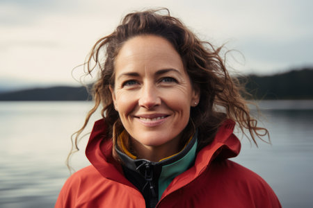 Portrait of smiling woman in raincoat looking at camera on lake shoreの素材