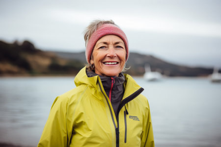 Portrait of happy senior woman in a yellow jacket and knitted hat standing by the lakeの素材