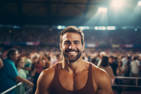 Portrait of a smiling muscular man standing in front of a crowd at a music festivalの素材