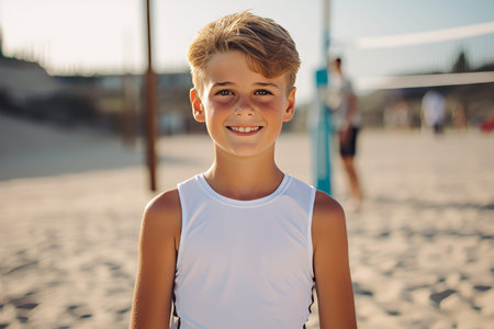 Portrait of a smiling boy in a white T-shirt on the beachの素材