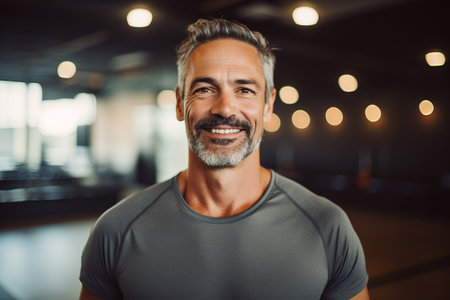 Foto de Portrait of smiling middle aged man looking at camera in fitness studio - Imagen libre de derechos