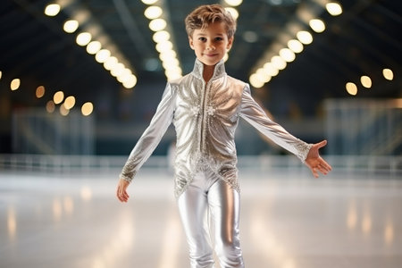Cute little boy in white sportswear on ice skating rinkの素材