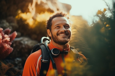 Happy male hiker looking away and smiling while standing among the flowersの素材