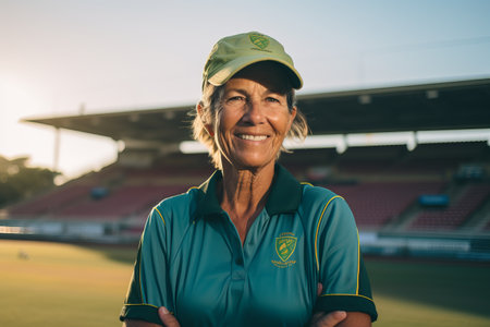 Portrait of happy senior woman standing with arms crossed in stadium.の素材