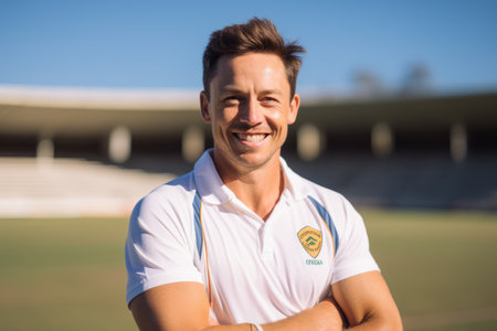Portrait of a smiling rugby player standing with arms crossed at stadiumの素材
