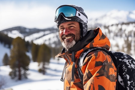 Portrait of senior snowboarder in winter mountains. Smiling man with snowboard.の素材