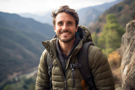 Portrait of a smiling young man with backpack standing in the mountainsの素材