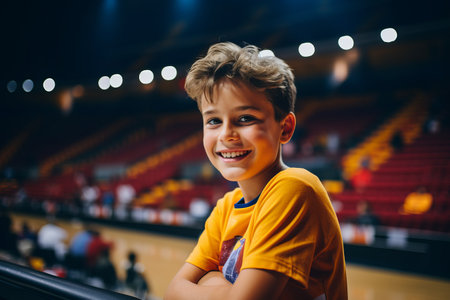 Portrait of a cute smiling boy in a yellow T-shirt on the background of a sports arenaの素材