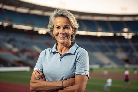 Portrait of happy senior woman standing with arms crossed at sports stadiumの素材