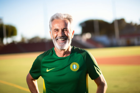 Portrait of senior soccer player in green jersey standing on the fieldの素材