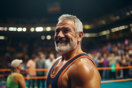 Portrait of senior boxer standing in ring during boxing match in arenaの素材