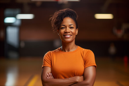 portrait of smiling african american woman in sportswear at gymの素材