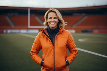 Portrait of a smiling mature woman in an orange jacket standing on a soccer fieldの素材