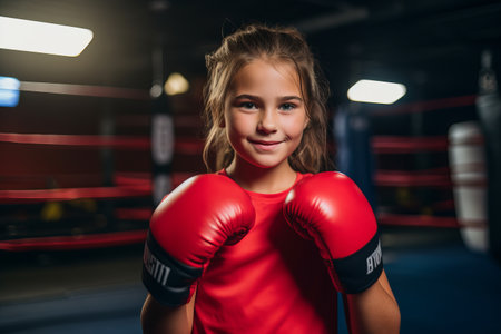 Portrait of a beautiful little girl wearing boxing gloves in the ringの素材