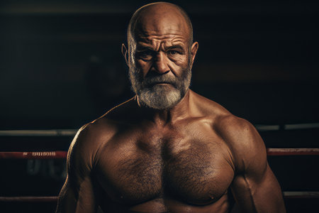 Portrait of an old boxer in a boxing ring, looking at the camera.の素材