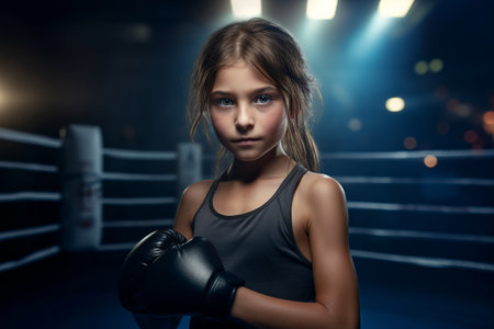 Young boxer girl in boxing gloves on boxing ring. Sports concept.の素材