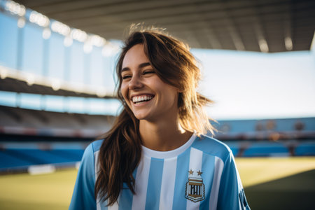 Portrait of a beautiful young woman smiling while standing at the stadiumの素材