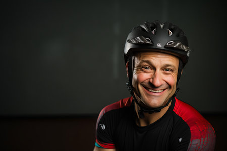 Portrait of a smiling cyclist in a helmet against black background.の素材