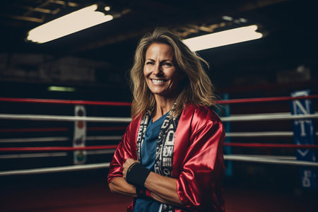 Portrait of smiling female boxer standing with arms crossed in boxing ringの素材