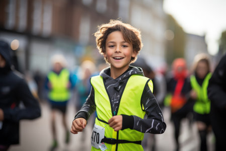 people, race, friendship and sport concept - happy little boy running outdoorsの素材