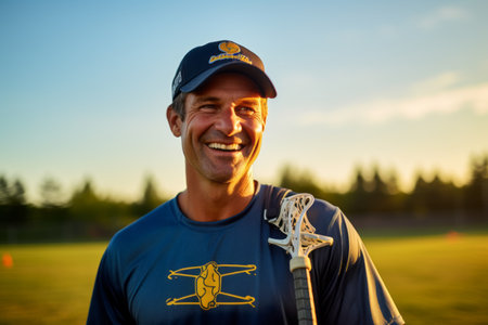 Portrait of a smiling golfer on a golf course at sunsetの素材