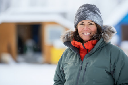Portrait of a beautiful woman in winter clothes smiling at the cameraの素材