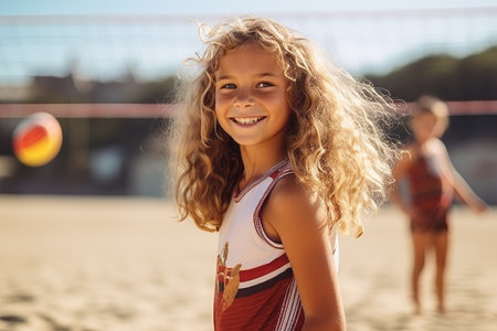 Portrait of a cute little girl playing beach volleyball on the beachの素材