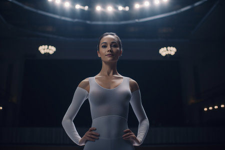 beautiful sportswoman standing with hands on hips in sports clothingの素材